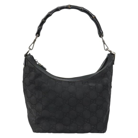 GUCCI Bamboo GG Canvas Shoulder Bag Nylon Black Silver 000 0531 Auth 146579 - Picture 2 of 16